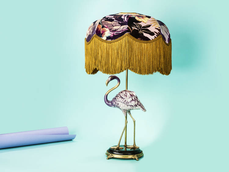 Flamingo lampstand with 'Tilia Limerence' lampshade set by House of Hackney