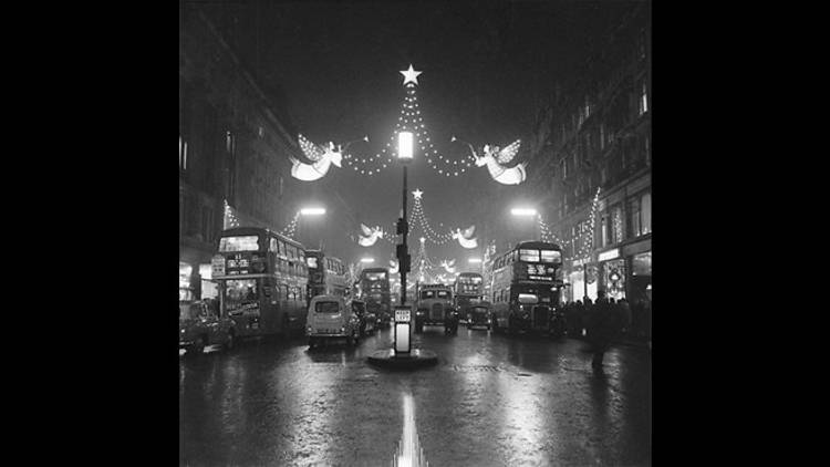 The Regent Street Christmas lights at night, 1960