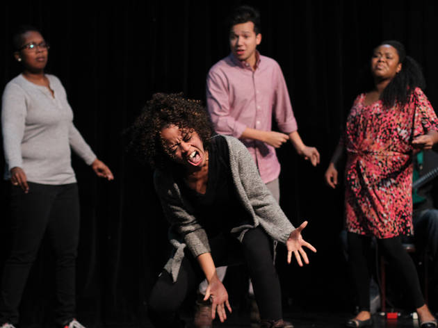 Improvised ‘Hamilton’ parody getting a shot from Baby Wants Candy Saliha Muttalib, Angela Oliver, Chanse McCrary and Colette Gregory in rehearsal for Baby Wants Candy’s Shamilton
