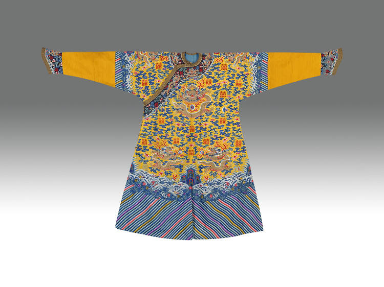 Yellow lined male dragon robe with kesi-tapestry with double happiness motif