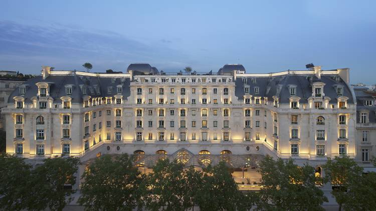 An aerial shot of a luxury French hotel in Paris.