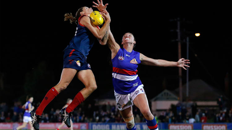 Chelsea Randall of the Demons flies for a mark during the 2016 Womens All Stars match between the Western Bulldogs and the Melbourne Demons at VU Whitten Oval on September 03, 2016 in Melbourne, Australia. 