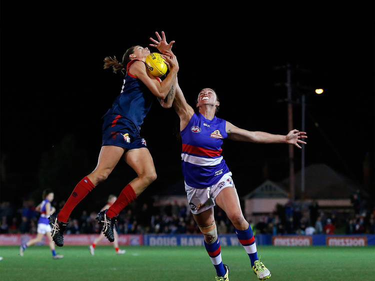 Chelsea Randall of the Demons flies for a mark during the 2016 Womens All Stars match between the Western Bulldogs and the Melbourne Demons at VU Whitten Oval on September 03, 2016 in Melbourne, Australia. 