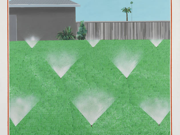 (CROP 3) David Hockney "A Lawn Being Sprinkled" 1967 Acrylic on canvas 60 x 60"© David Hockney. Photo: Richard Schmidt (CROP 3) David Hockney "A Lawn Being Sprinkled" 1967 Acrylic on canvas 60 x 60"© David Hockney. Photo: Richard Schmidt