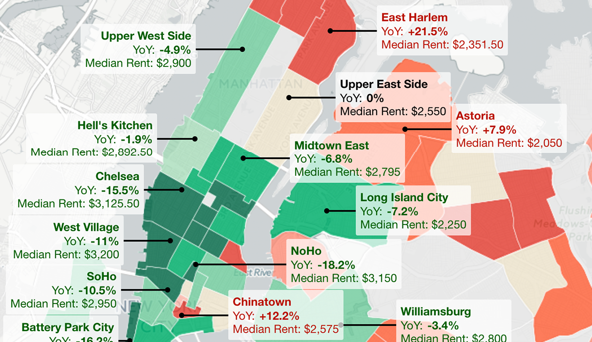 See a map of the average rent prices for NYC neighborhoods this year