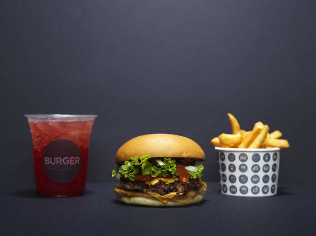 Burger Project Melbourne Central Soft drink, burger and cup of chips
