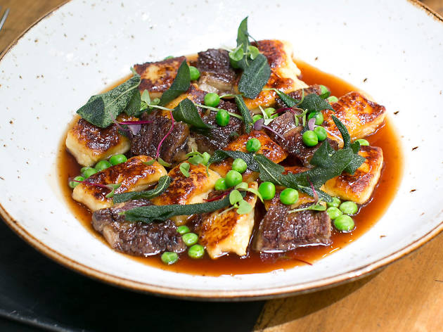 White Rabbit gnocchi A plate of gnocchi with beef and peas