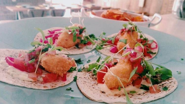 Taco de peixe frito, molho tártaro e verduras em pickle