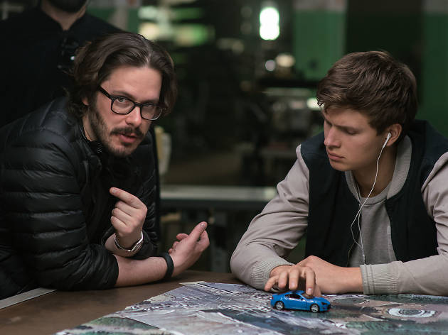 Ansel Elgort Baby Driver, Director Edgar Wright (left) and Ansel Elgort on the set of TriStar Pictures' BABY DRIVER.