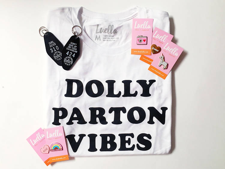 T-shirt, keychain and pins from Luella, $104