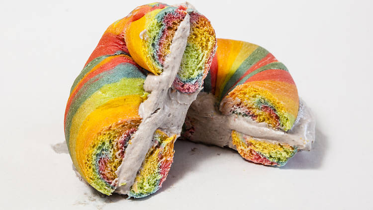 Rainbow bagel with Oreo cream cheese at Rinkoff Bakery