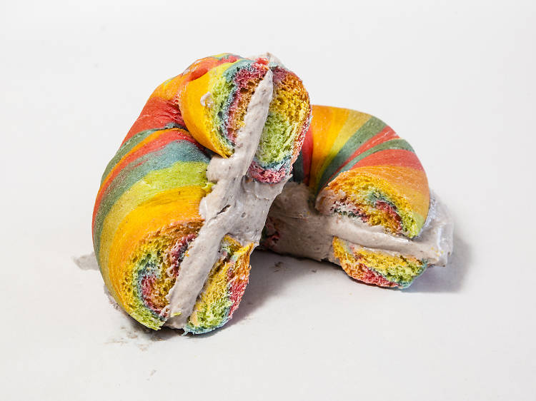 Rainbow bagel with Oreo cream cheese at Rinkoff Bakery