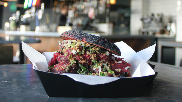 Beetroot, potato and coconut curry bagel at Little Ghost Bagels, Peckham Springs