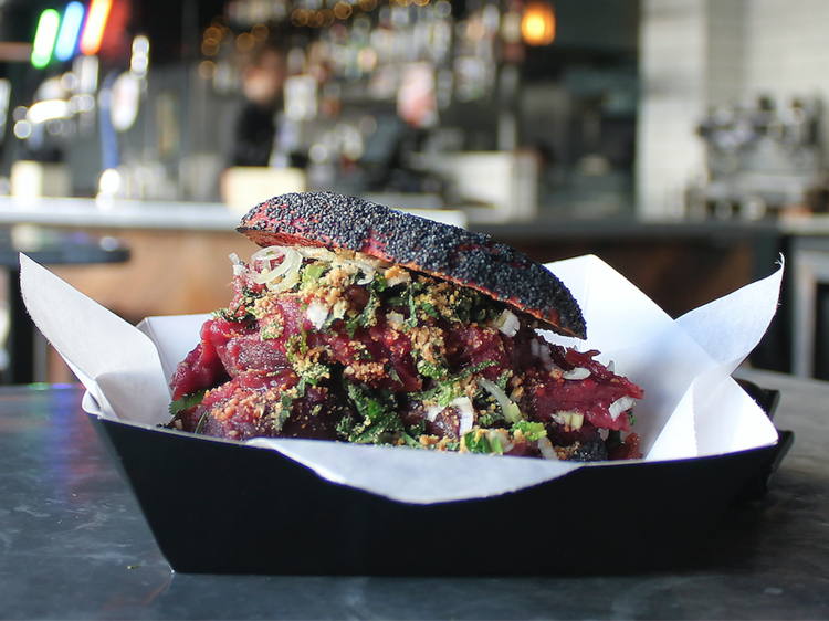 Beetroot, potato and coconut curry bagel at Little Ghost Bagels, Peckham Springs