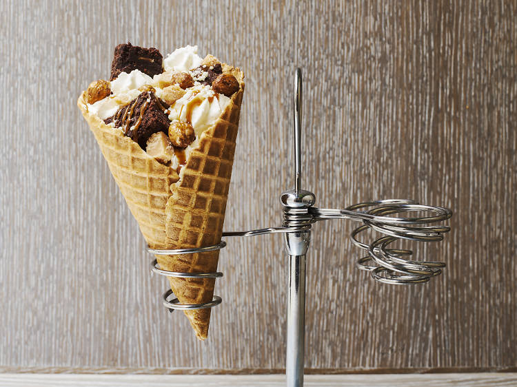 Vanilla fudge brownie waffle cone at Duck & Waffle Local