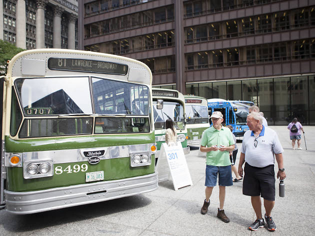 You can peek inside vintage CTA buses in Daley Plaza today