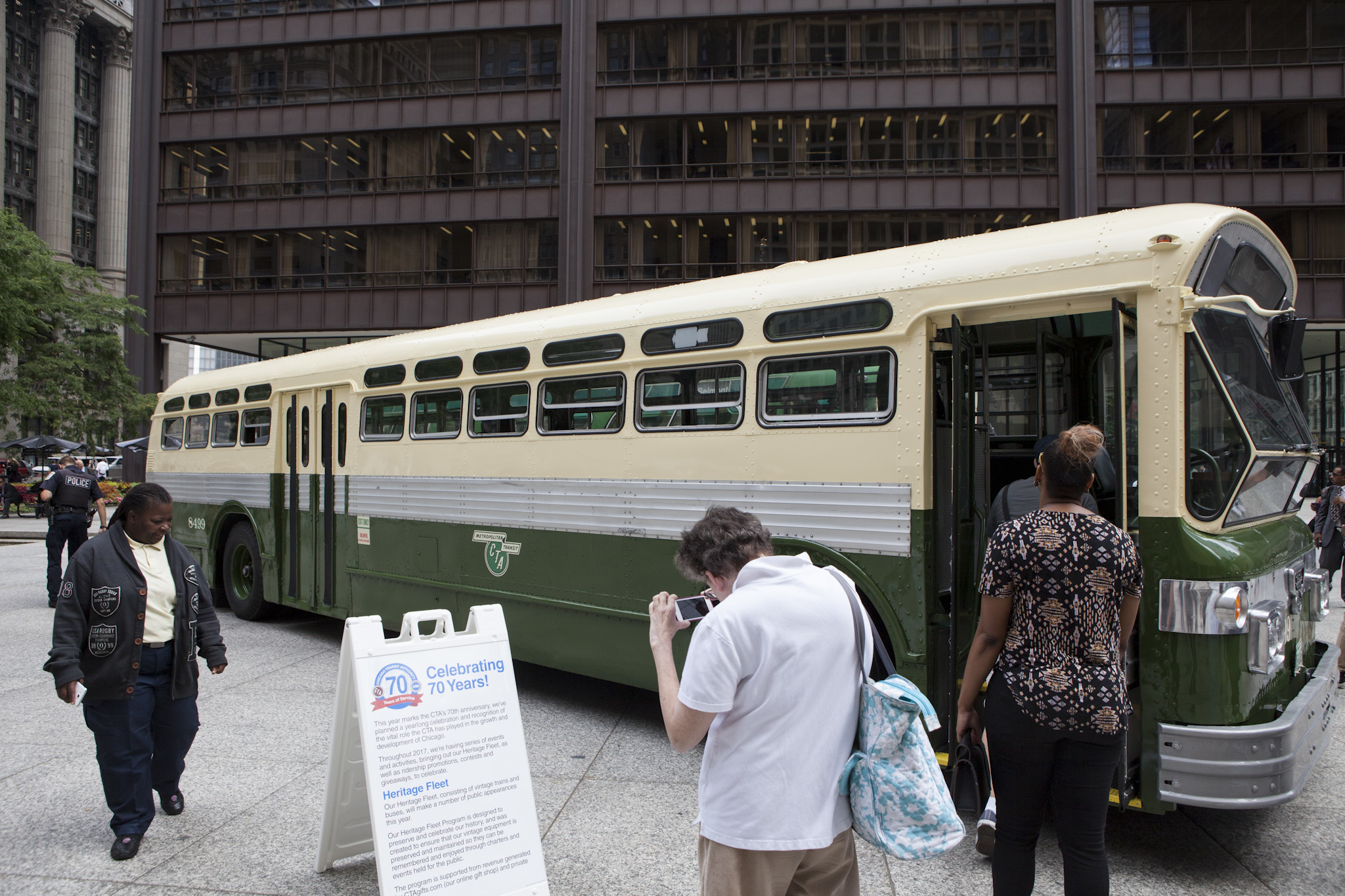 You can peek inside vintage CTA buses in Daley Plaza today