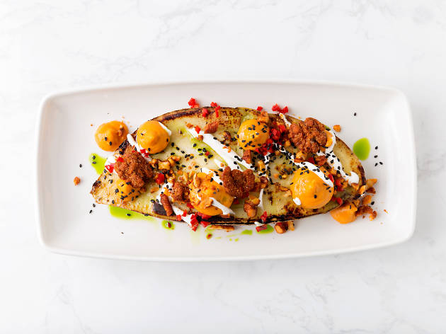 Jane Q Roasted sweet potato with spiced walnuts, yogurt and pickled chilies