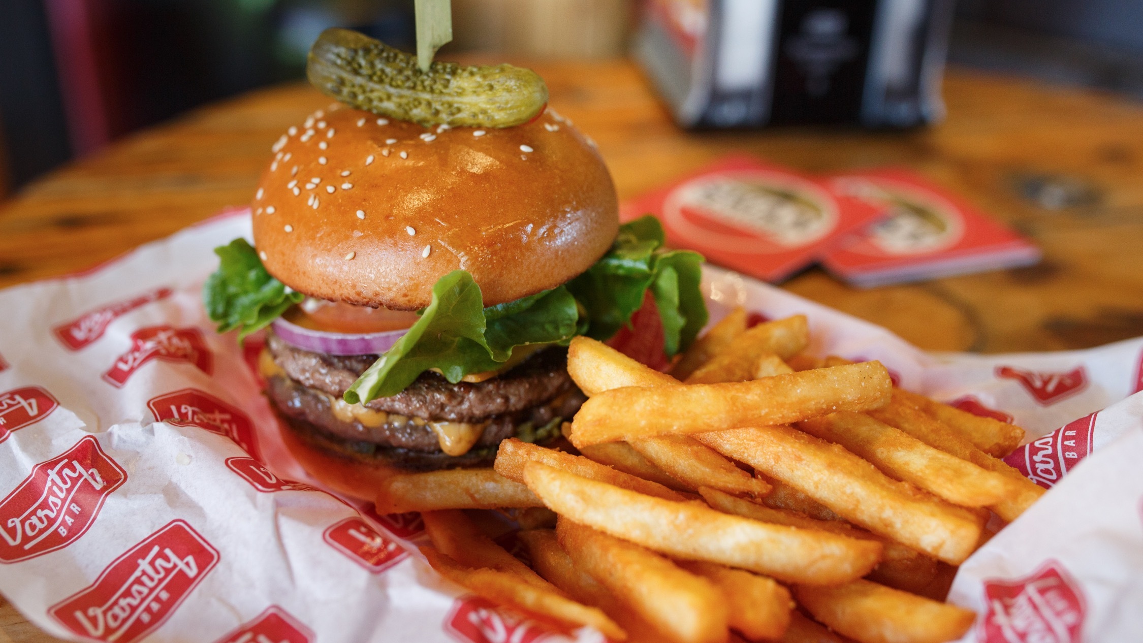 Burger and chips at Varsity Bar