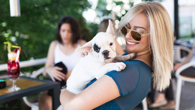 woman holding a dog