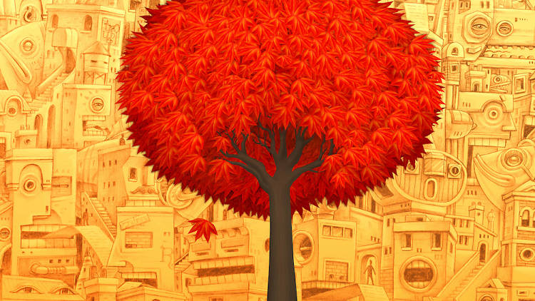 A large red tree against a yellow background