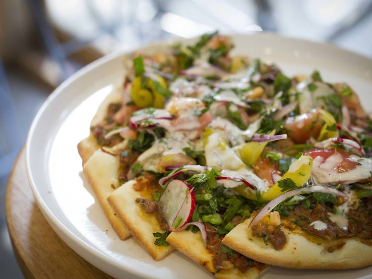 Lahmacun of ground lamb, onion, tomato, parsley and chilli at Babajan, $19