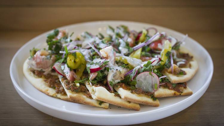 Lahmacun of ground lamb, onion, tomato, parsley and chilli at Babajan