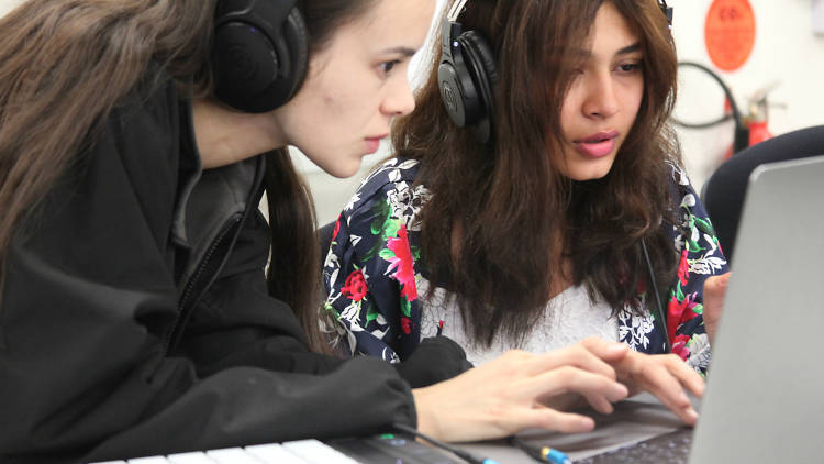 Girls at a an electronic music workshop