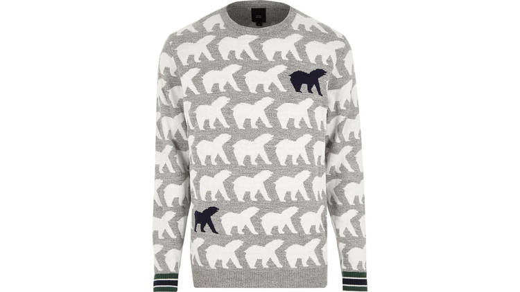 Men’s grey polar bear knit jumper by River Island, £28