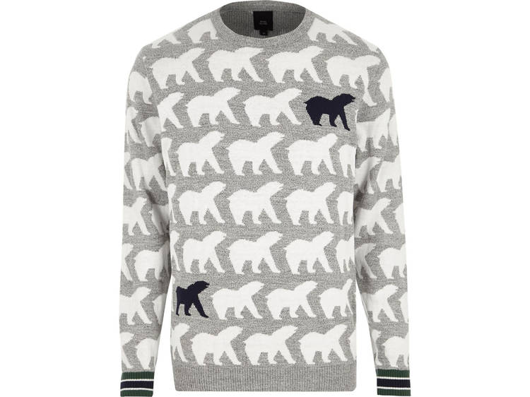 Men’s grey polar bear knit jumper by River Island, £28