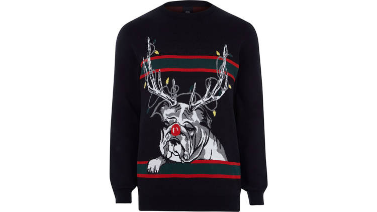 Men’s black reindeer bulldog knit jumper by River Island, £28