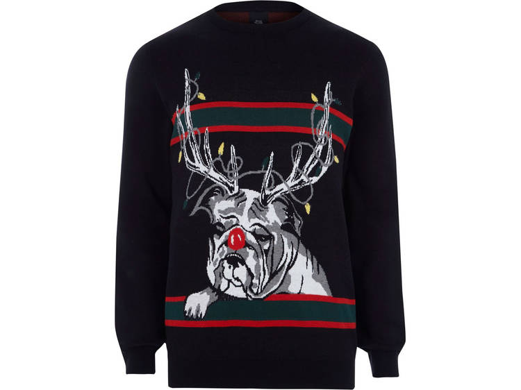 Men’s black reindeer bulldog knit jumper by River Island, £28