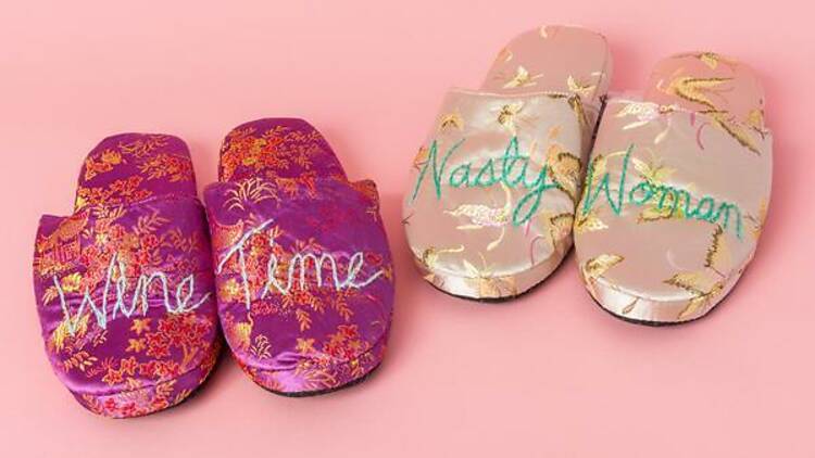 A pair of customized embroidered slippers from Bulletin