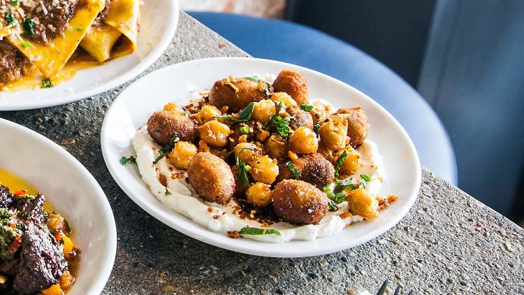 Deep-fried olives with labneh at Popolo
