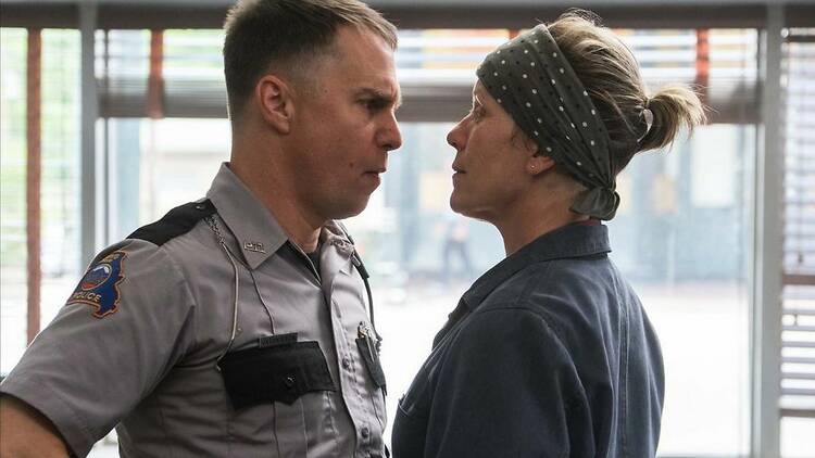 Sam Rockwell as Jason Dixon and Frances McDormand as Mildred Hayes in Three Billboards Outside Ebbing, Missouri, directed by Martin McDonagh&#13;Photo: Merrick Morton.&#13;Copyright: Twentieth Century Fox Film Corporation. All Rights Reserved.