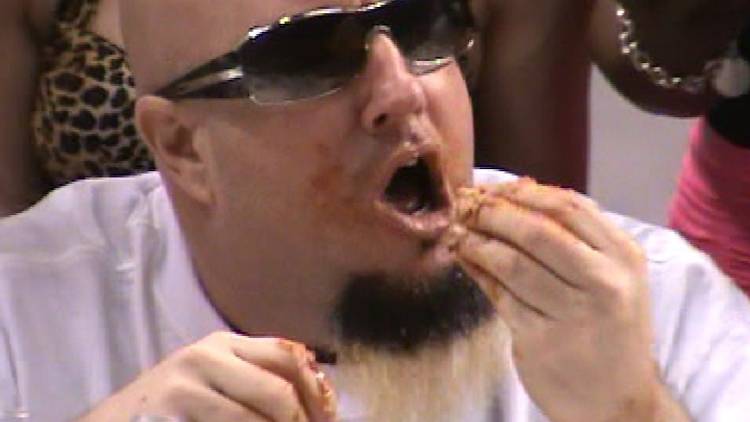 A contestant gorges on chicken at the Philadelphia Wing Bowl