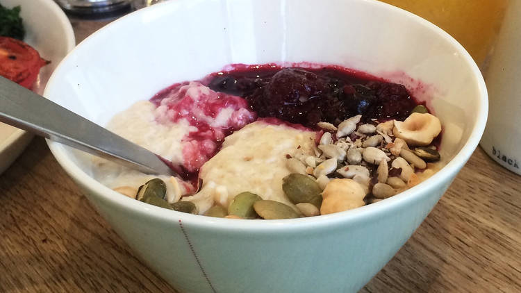 Buttermilk with berry compote and hazelnuts at Snaps + Rye