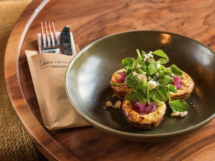 Goats cheese and feta tarts, snow pea tendrils, nam jim dressing and onion jam from At Sixes and Sevens, $17