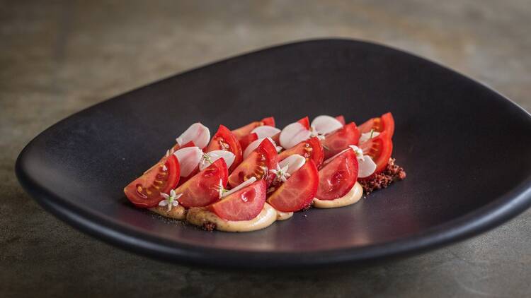 Tomato salad, smoked almond tarator, pickled garlic, salted barberry and riberry at Gerard's Bistro, $14