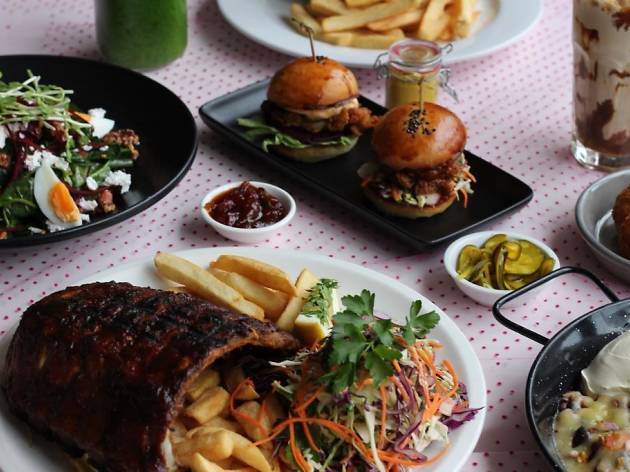 Micky's Cafe Burgers and shakes and ribs and salads.