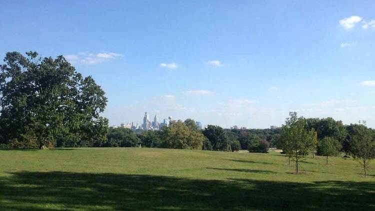 Belmont Plateau in West Fairmount Park offers smashing views of the Philadelphia skyline, and excellent hiking. 