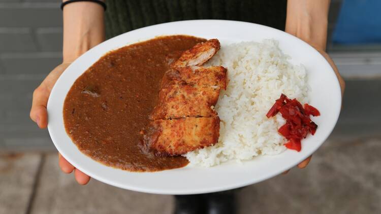 Japanese-style beef curry rice with chicken cutlet at Ryo’s Noodles