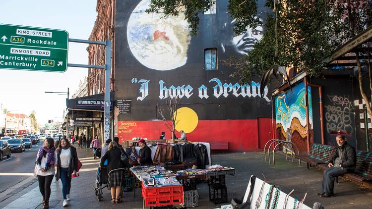 I have a dream mural, market stall on street at Newtown