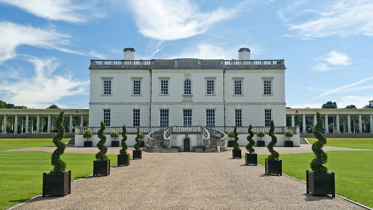 Queen's House with topiary swirl trees, Royal Museums Greenwich