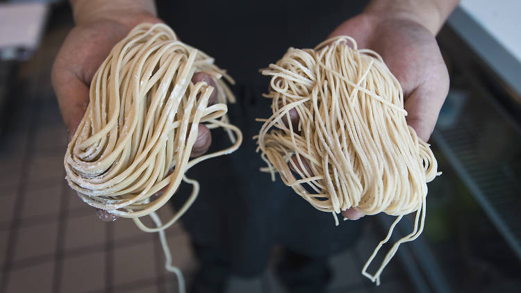 Fresh ramen and tsukemen noodles at Okiboru in Chinatown Los Angeles