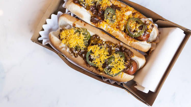 Chili dogs at Adam Perry Lang APL Restaurant walk-up window Hole in the Wall in Hollywood