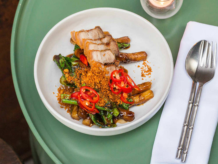 Charred pad see ew of crispy pork belly at Longtime, $21