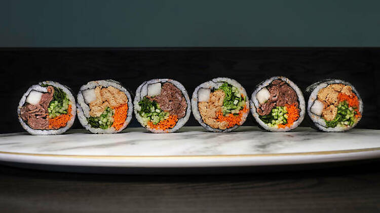 Yubu vegan and spicy pork kimbap rolls by chef Sarah Lee