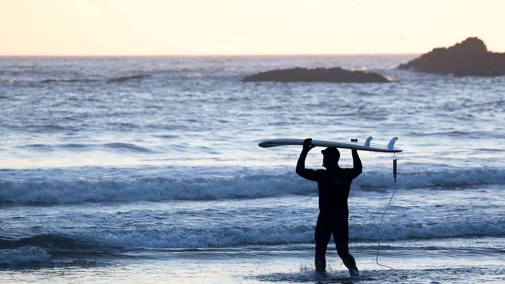 Ocean waves with surfer and board