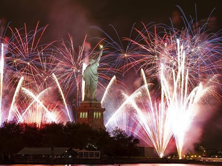 Fireworks near the Statue of Liberty